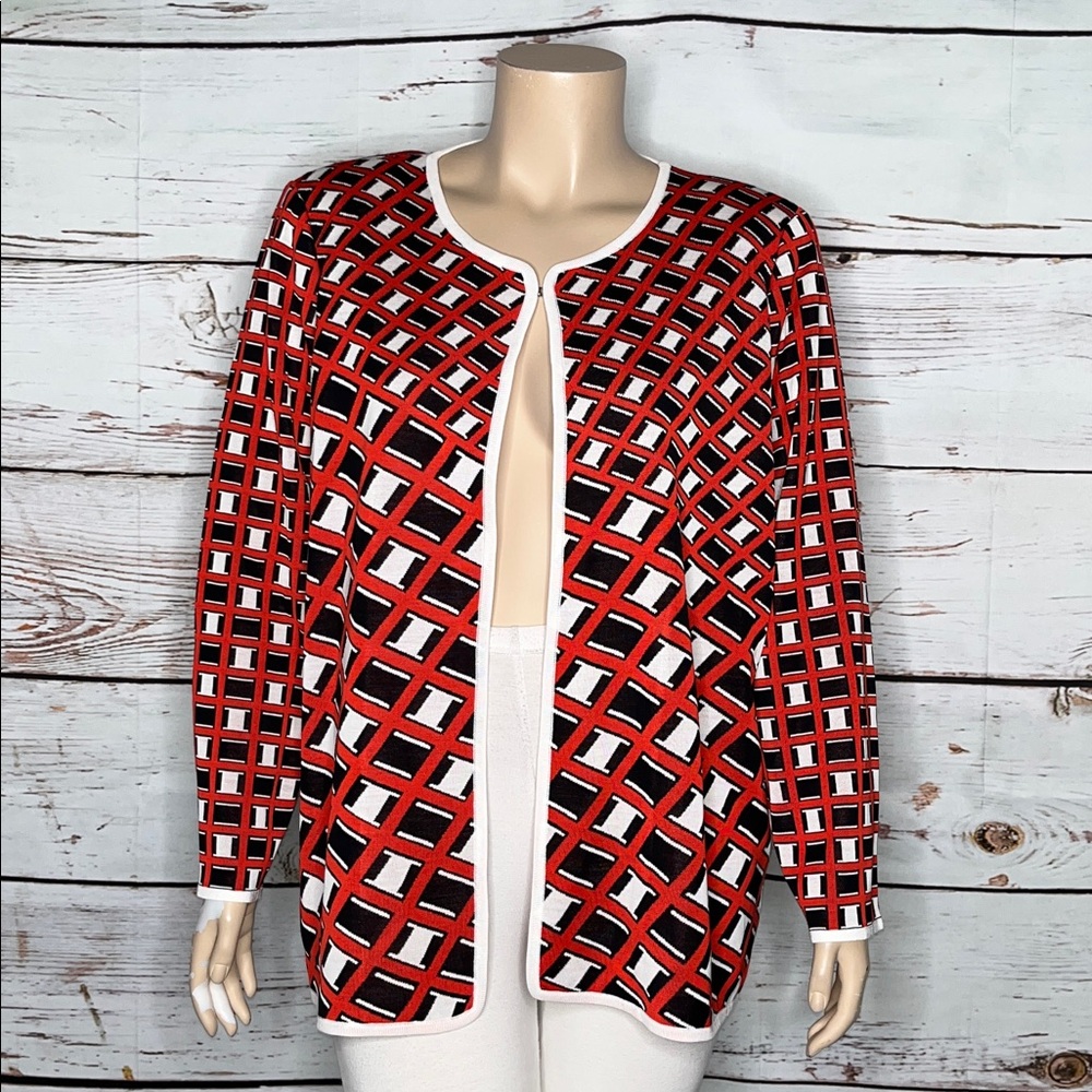 Misook Size 2X Pink - Black & White Geometric Print Clasp Front Sweater Cardigan